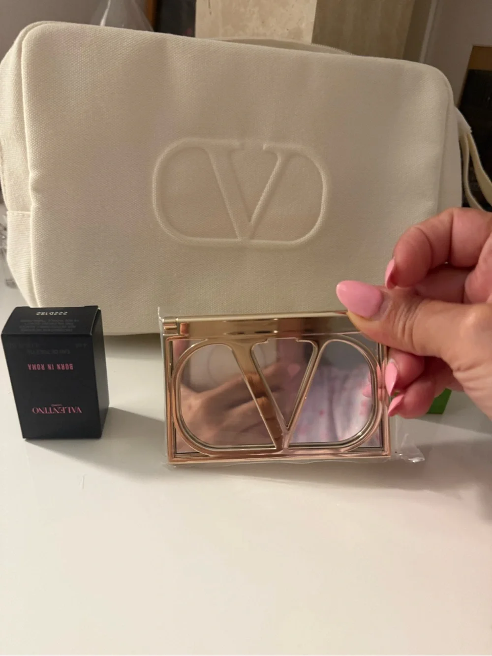 Valentino Cream Embossed Logo Crossbody Bag - Cream with V mirror and minis
